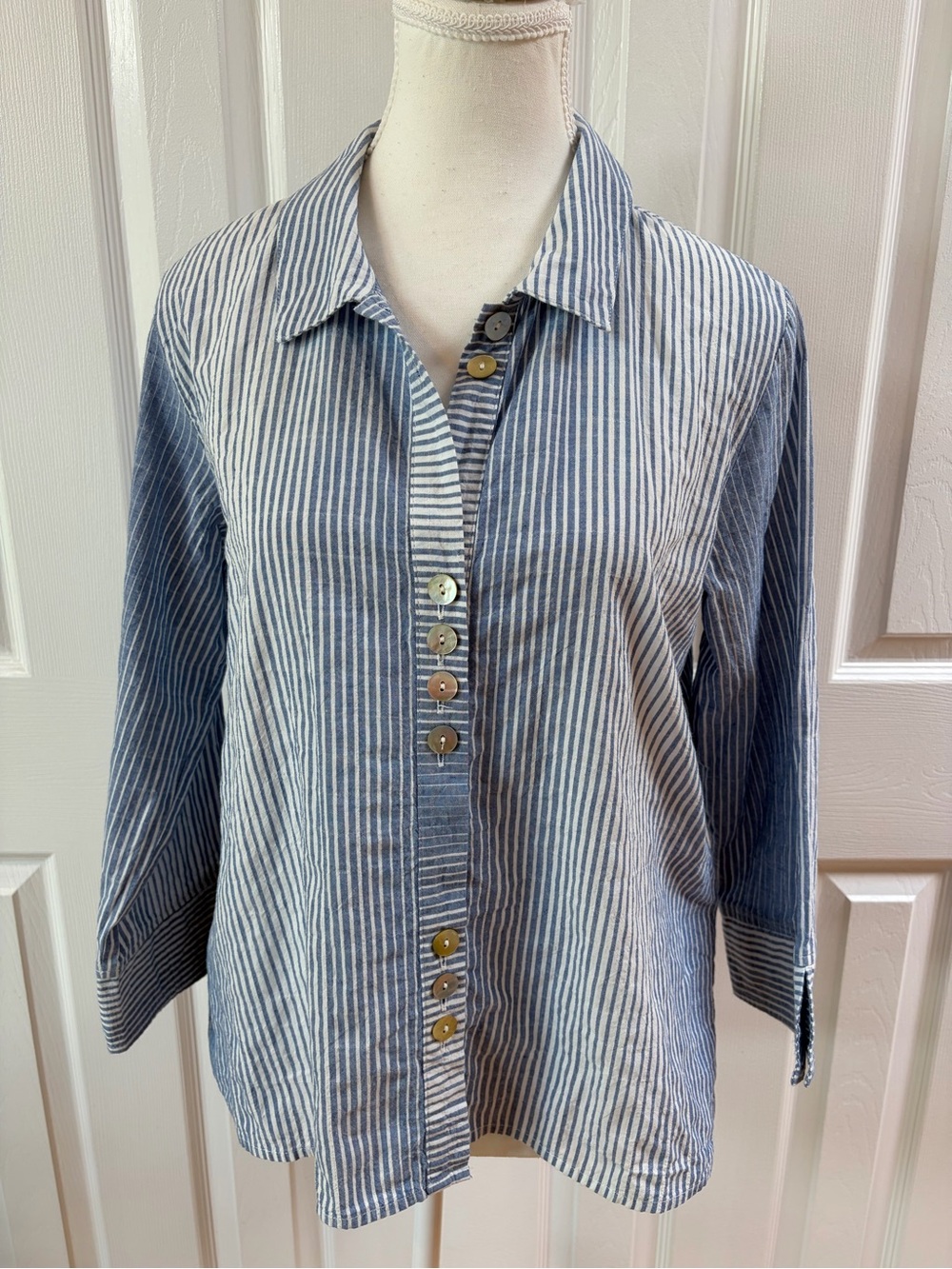 Habitat Blue and White Strip 3/4 Sleeve Button Up Cotton Shirt	Size XS